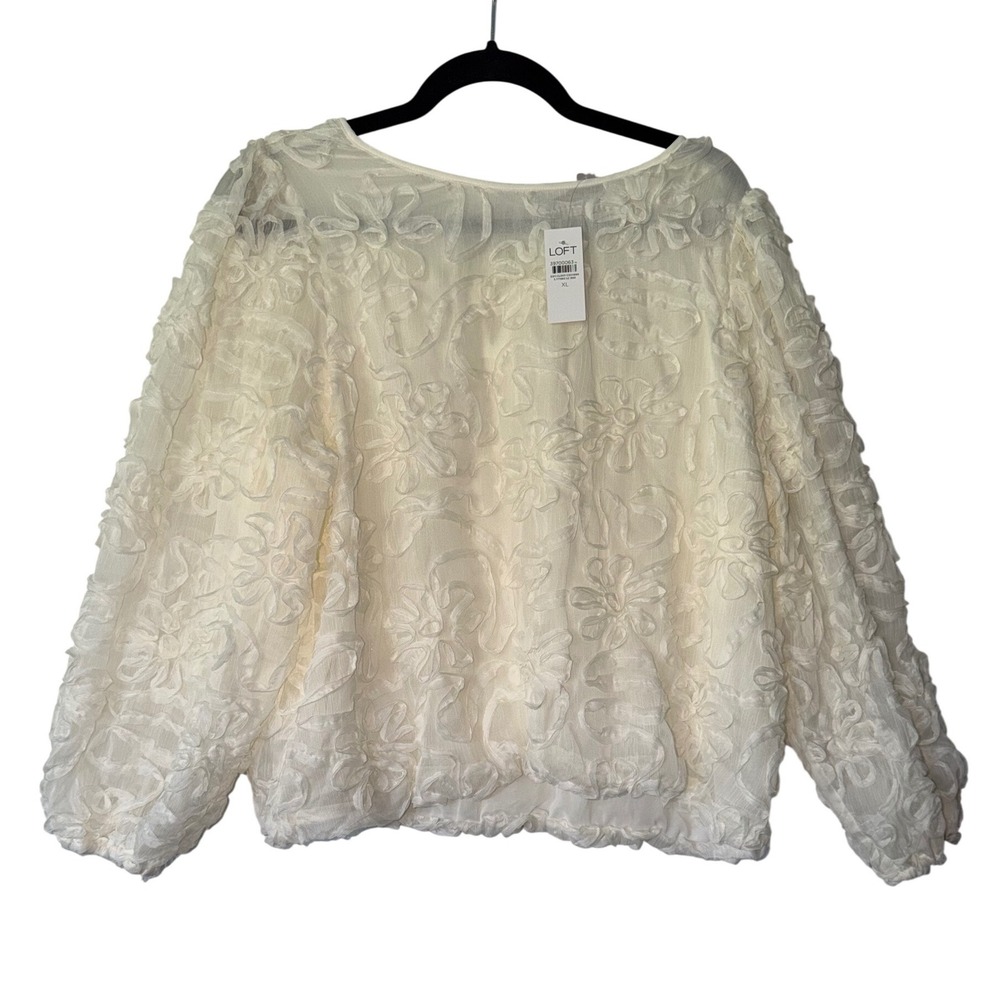 LOFT Cream 3D Floral Applique Blouse XL NWT‎ Long Sleeve Tie Back Top